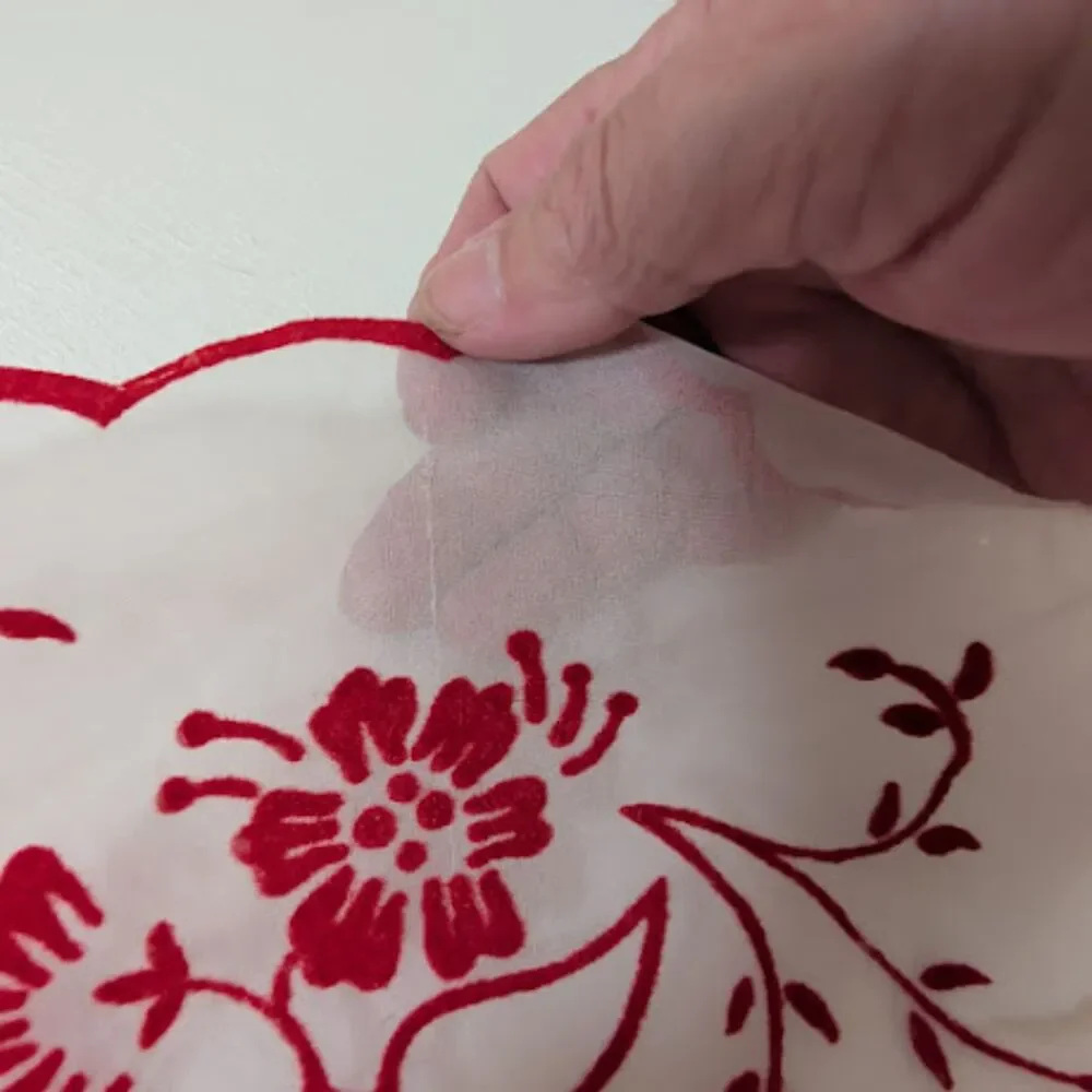 Vintage 1950s Sheer Hostess Apron – Red Floral Embroidery & Scalloped Edge